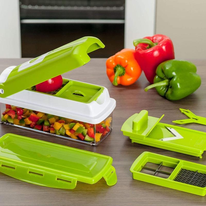 CutMate Multifunctional Vegetable Cutter 12-in-1 | With Catch Container & Finger Guard | Stainless Steel Blades | Compact & Safe