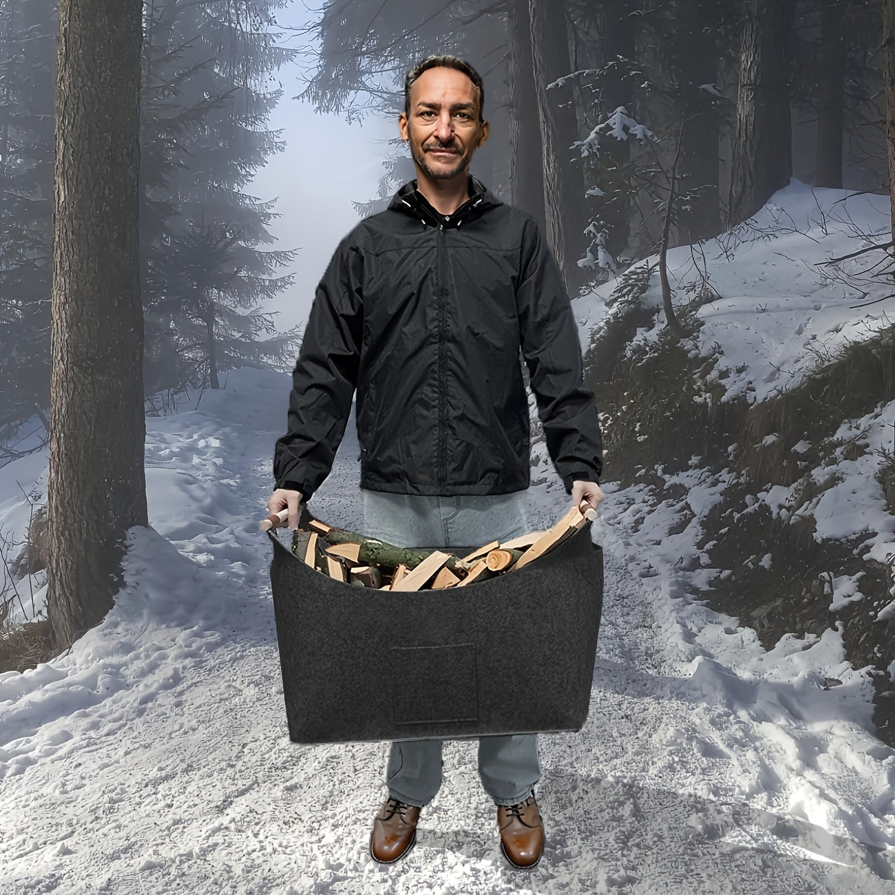 Felt Firewood Basket FELDURA | Foldable | 55L Volume | With Wooden Handles & Leather Details | Dark Grey