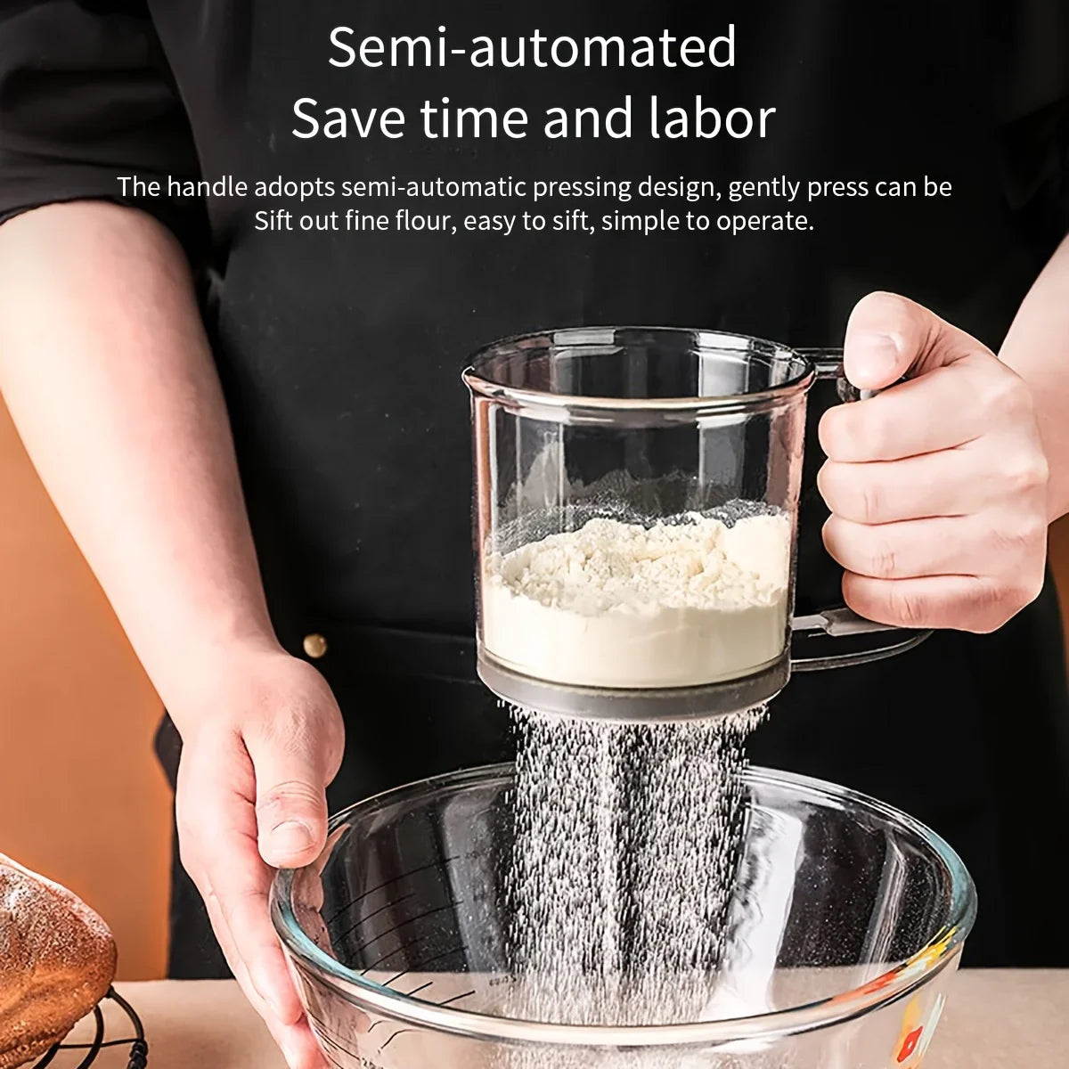 Bakina Semi-Automatic Flour Sifter | Double Sieve with Squeeze Handle | Fine Mesh for Baking & Powdered Sugar | Set of 2