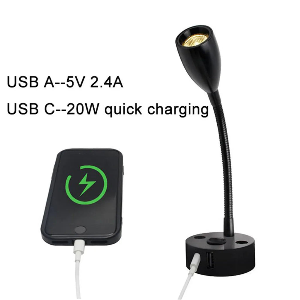 FlexiBeam RV Reading Lamp | 12V–24V Gooseneck Light with USB-C Fast Charging | LED Interior Lighting for Motorhome, Boat & Camper