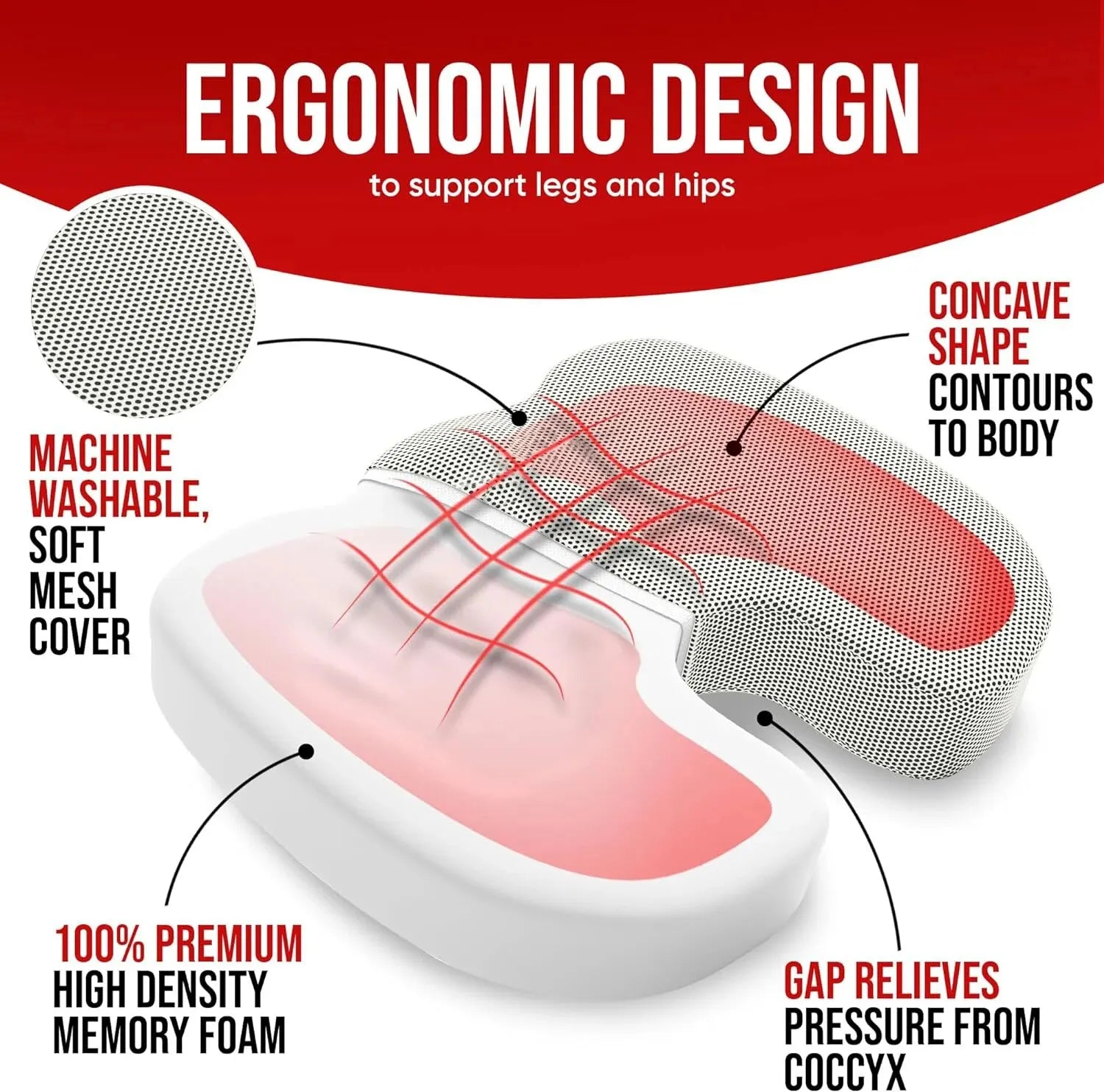 Ergonomic Seat Cushion | Memory Foam | Removable Cover | For Office, Study & Home