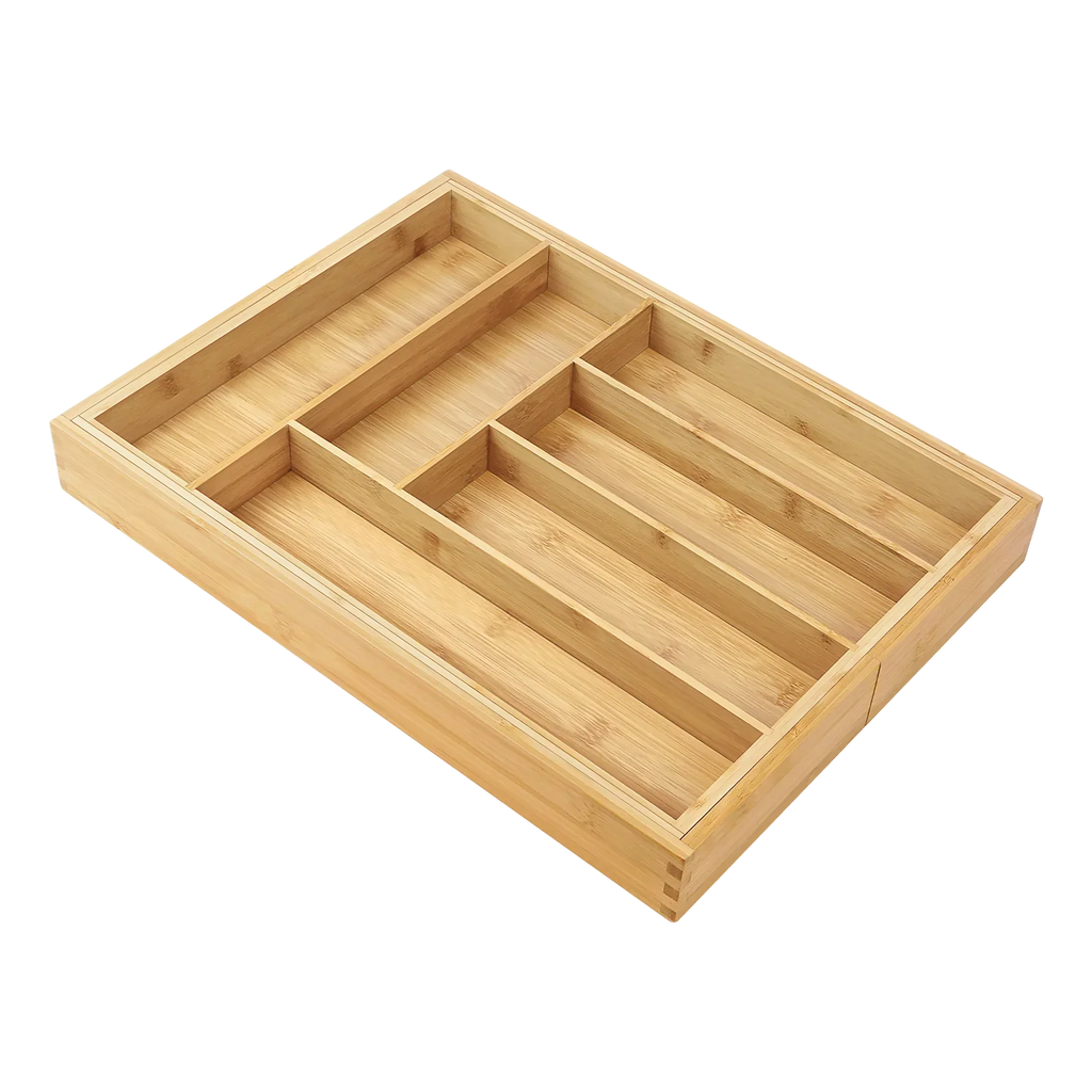 Bambusio Bamboo Cutlery Tray | Extensible 32–52 cm | 6–8 Compartments | Sustainable Drawer Organizer for Kitchen, Bathroom & Office