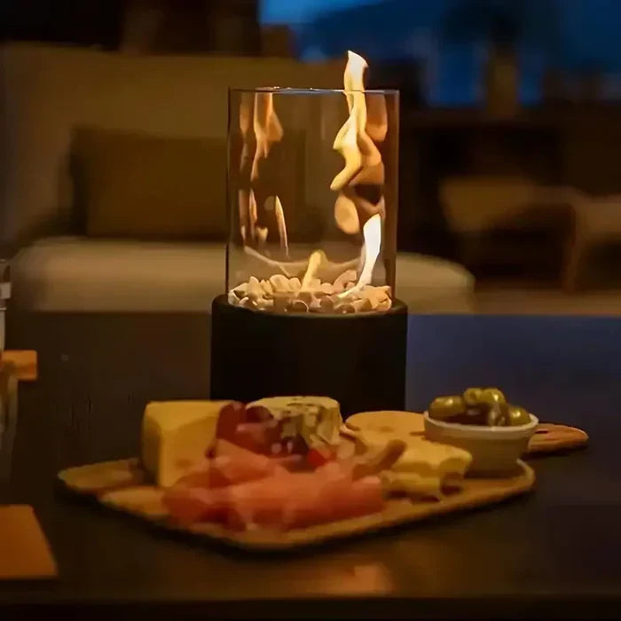 FlammaLume Table Lantern | Portable Decorative Fire Lamp | Modern Design & Flame Effect | For Indoor & Outdoor Use | Round Steel & Glass
