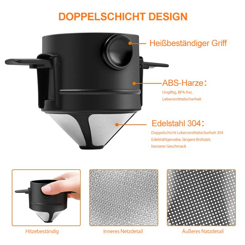 AromaFold | Kaffeefilter aus Edelstahl | Doppelschicht-Mikrofilter | Wiederverwendbar | Faltbarer Halter