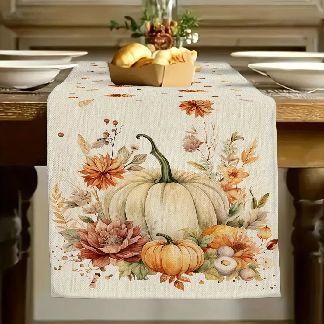 Autumna Autumn Table Runner | Pumpkin & Floral Motif | Washable & Durable | Linen Look | 150–275 × 33 cm