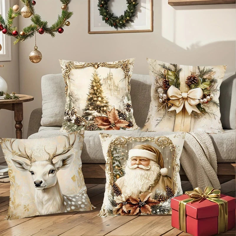 GoldenVintage Cushion Covers Set of 4 | Christmas Design with Santa, Reindeer & Bow | Sofa Decor & Living Room | 45×45 cm