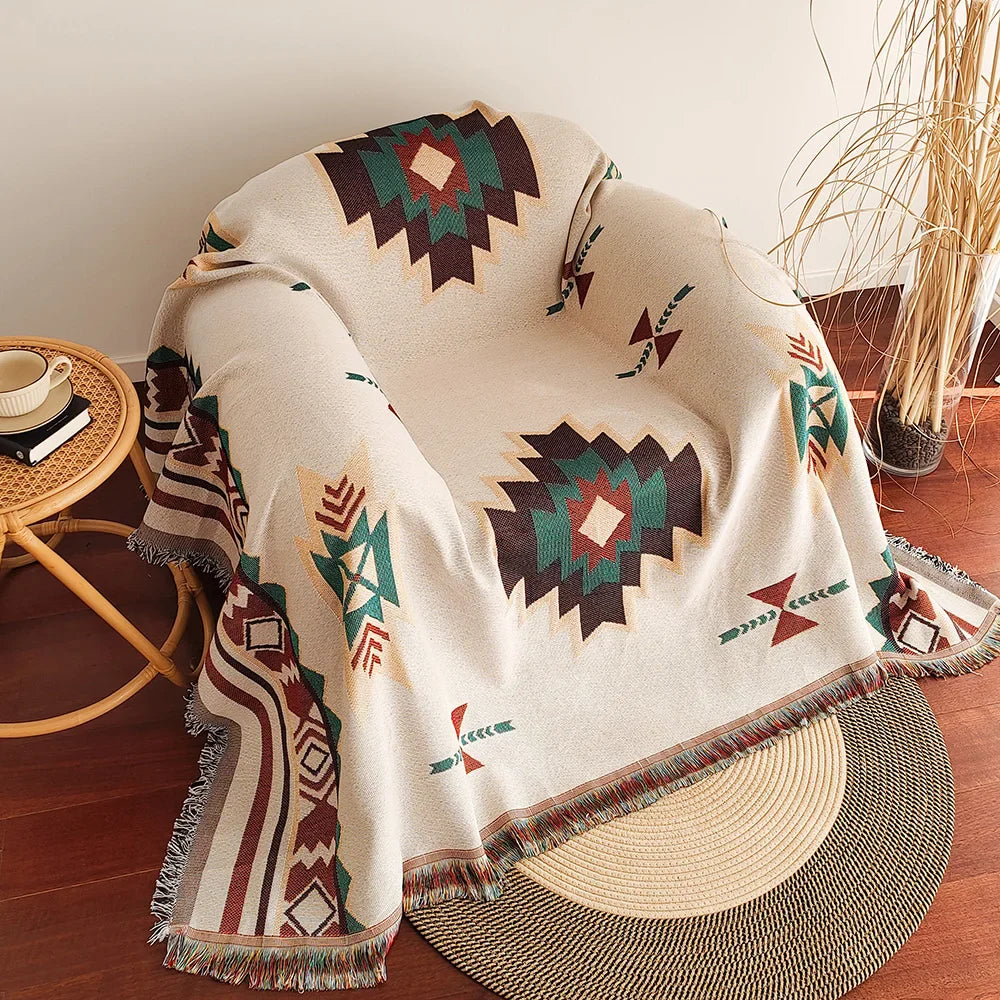 AztecaLoom Boho Blanket | XXL Aztec Plaid with Fringes | Southwestern Ethnic Style | Vintage Cotton Blend Throw Blanket