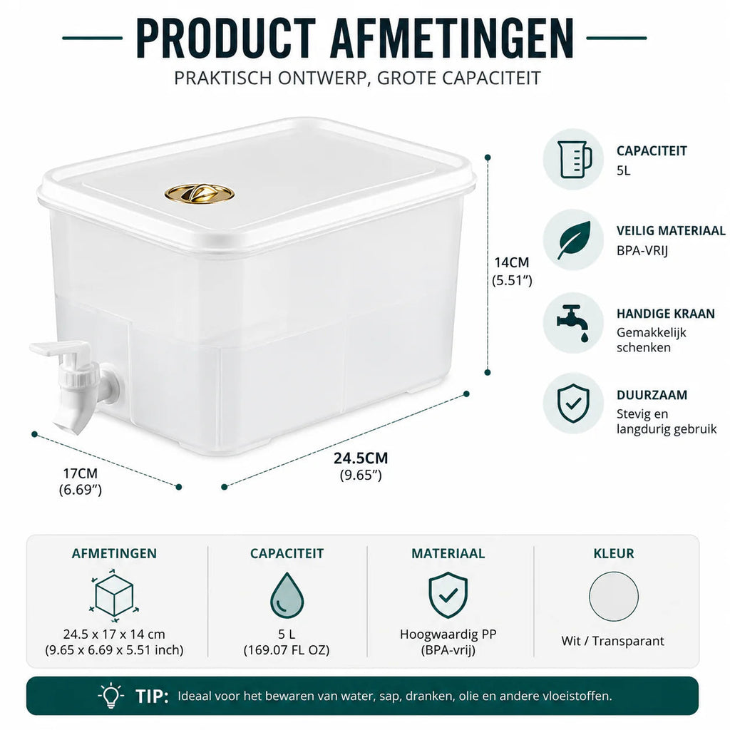 Aquavera | Getränkespender 5 L | Kaltgetränke Behälter mit Zapfhahn | Transparenter Wasserspender