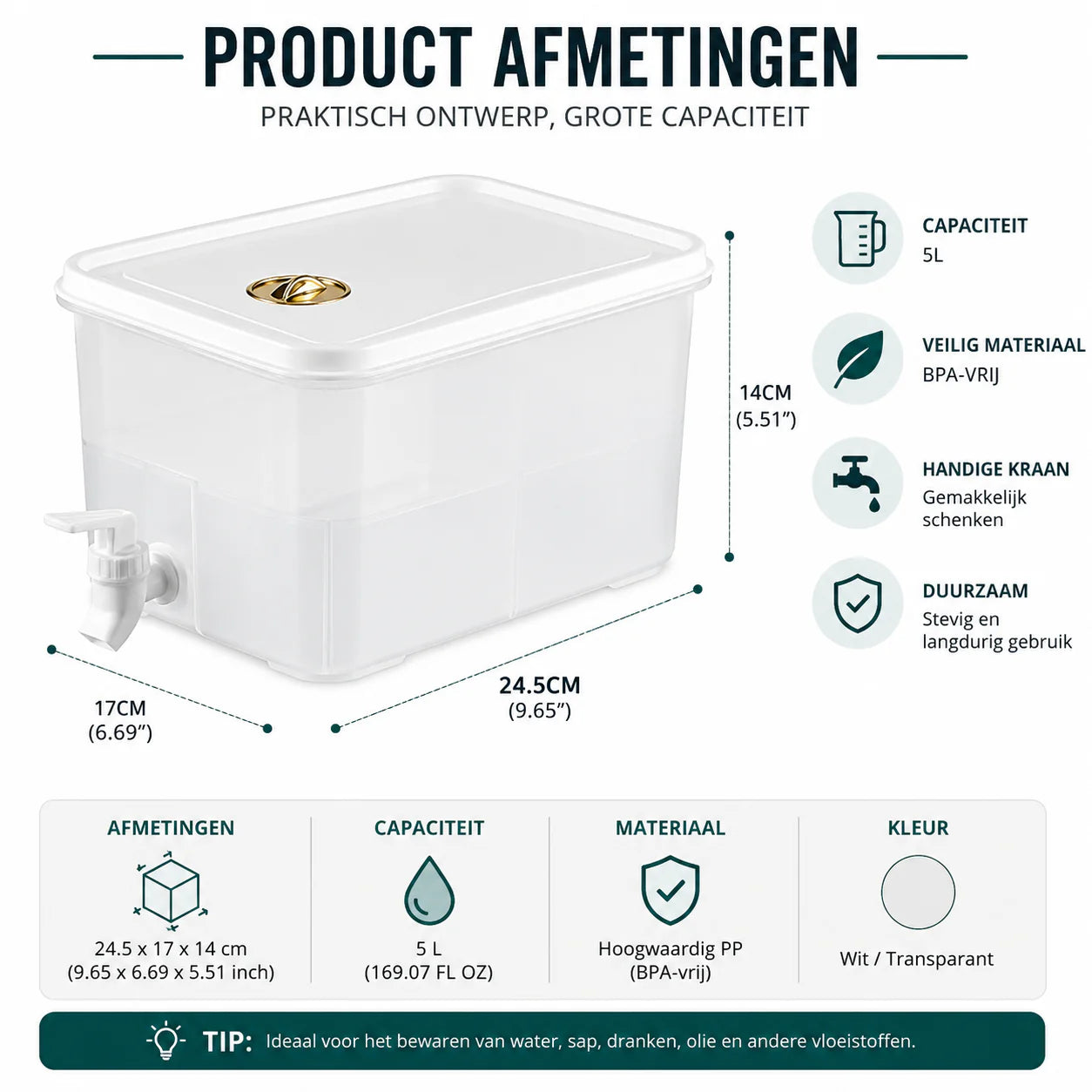 Aquavera | Getränkespender 5 L | Kaltgetränke Behälter mit Zapfhahn | Transparenter Wasserspender